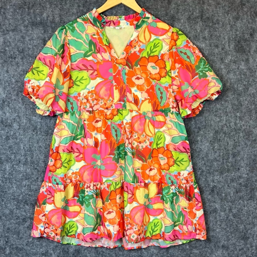 THML  Short Dress  Casual Puff Sleeve V Neck Flowy Swing Floral Dress Size XL